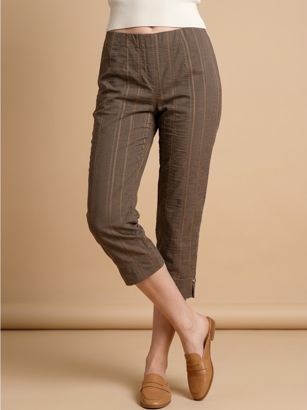 Robell Marie 07 Casual Brown Subtle Stripes Cropped Pull-On Pants Capris-6